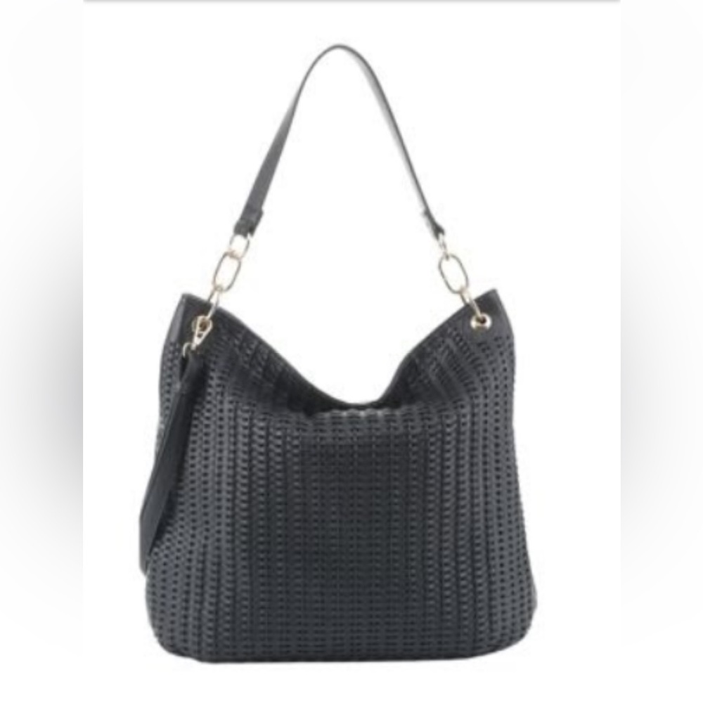 Black faux leather woven tote